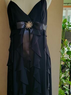 Cache Black Ruffle Midi Dress with Satin Waist Bow and Brooch